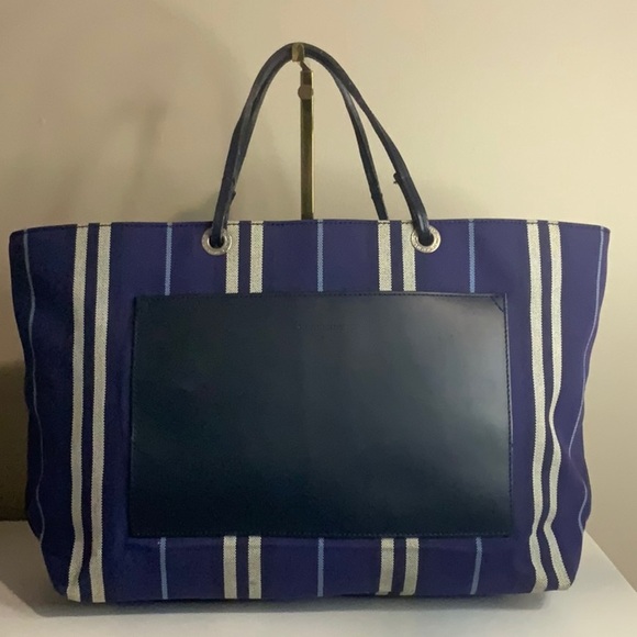 Burberry Striped Blue Jacquard Leather and Canvas Tote Bag (18.5" x 9.5") - Picture 1 of 11